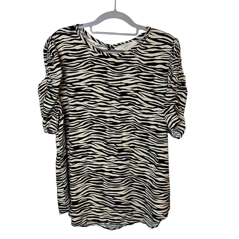 New LOFT Womens‎ Black Beige Zebra Print Cinched Puff Sleeve Size Large